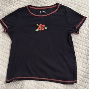 Art Class Girls Ribbed Black and Orange Embroidered Hibiscus Tee Size XL 14